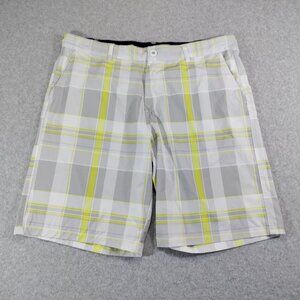 Op Board Shorts Mens 38 Gray Yellow Plaid Stretch 11in Inseam Beach Swim Surfing
